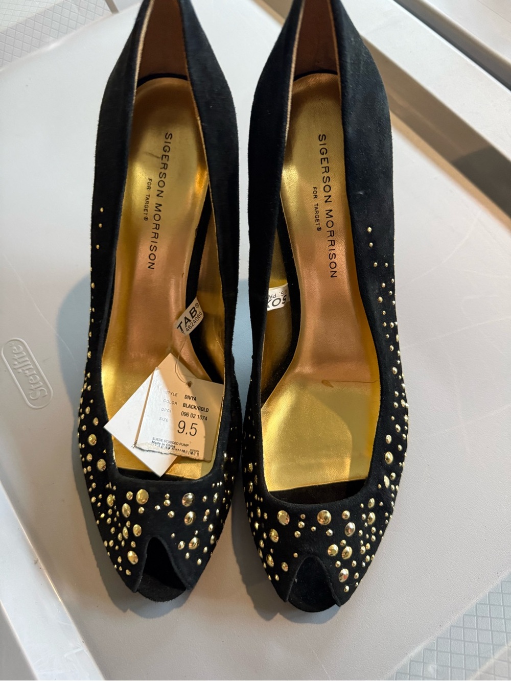 Sigerson Morrison Black Suede Gold-Stud Peep-Toe Pumps